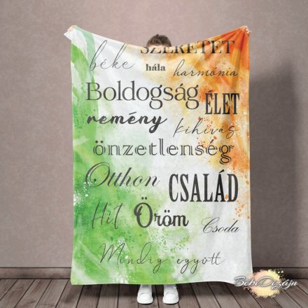 Felnőtt takaró- Szófelhő  (zöld- fehér- narancs)