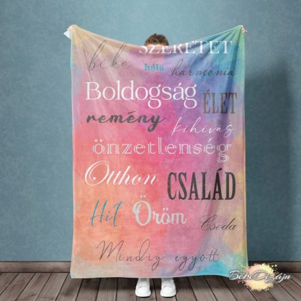 Felnőtt takaró- Szófelhő  (pink-kék háttér)